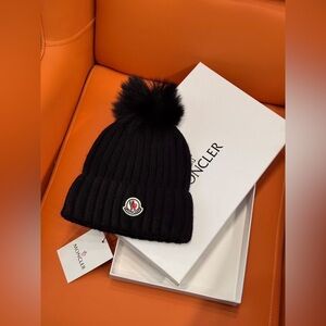 Moncler Black Ribbed Beanie with Pom Pom